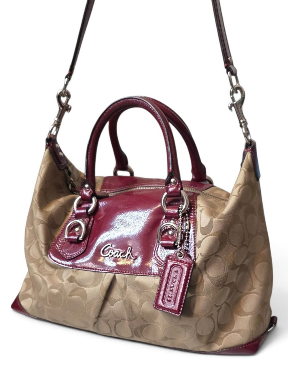 Coach Ashley Signature Satchel in Burgundy Patent Leather - Picture 3 of 9
